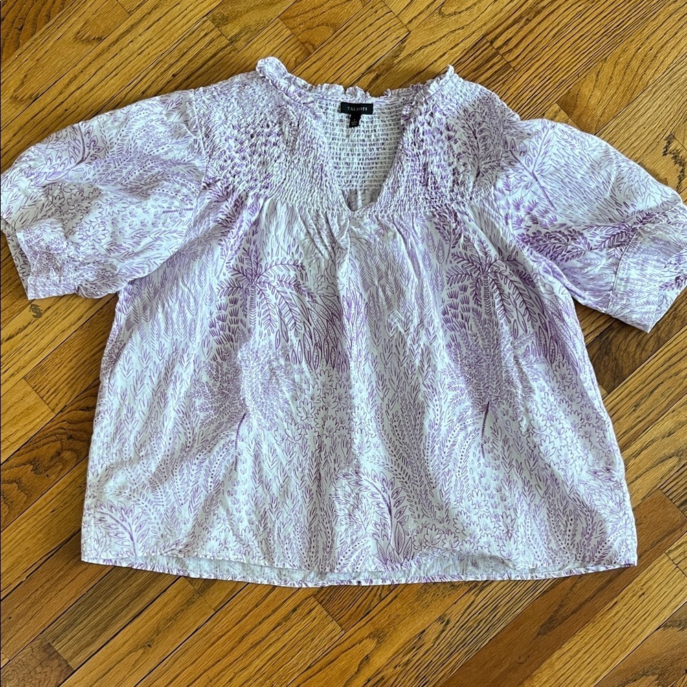 Talbots Lavender Printed Smocked Yoke Blouse - Picture 2 of 7